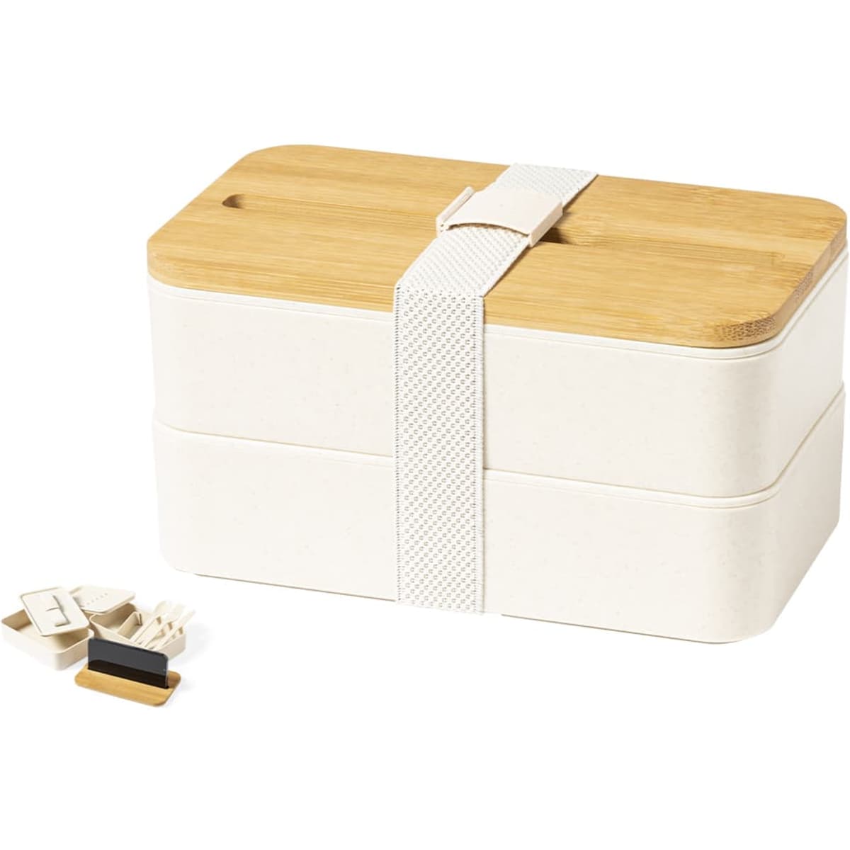 A white lunch box with a bamboo lid, featuring a strap and small accessories. The design is minimalistic and modern.
