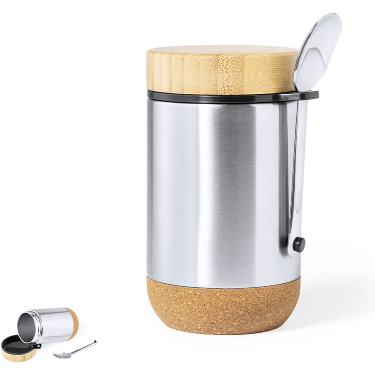 A stainless steel container with a cork base and a bamboo lid, accompanied by a spoon. It features a branding logo.