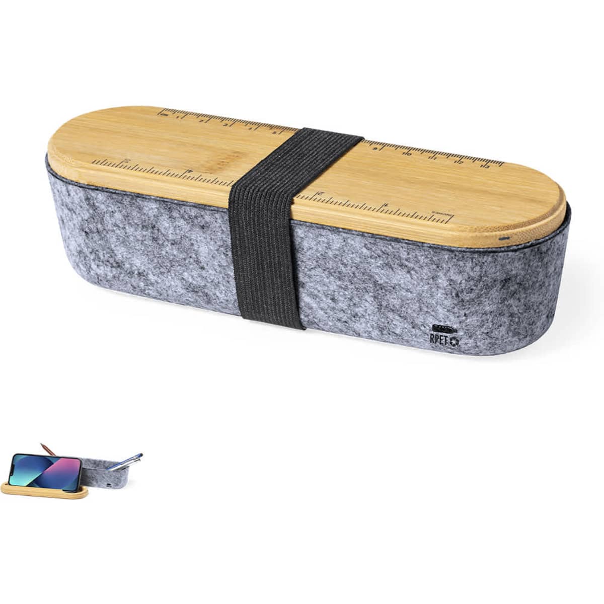 A grey felt pencil case with a bamboo lid and ruler on top, secured with a black elastic band.