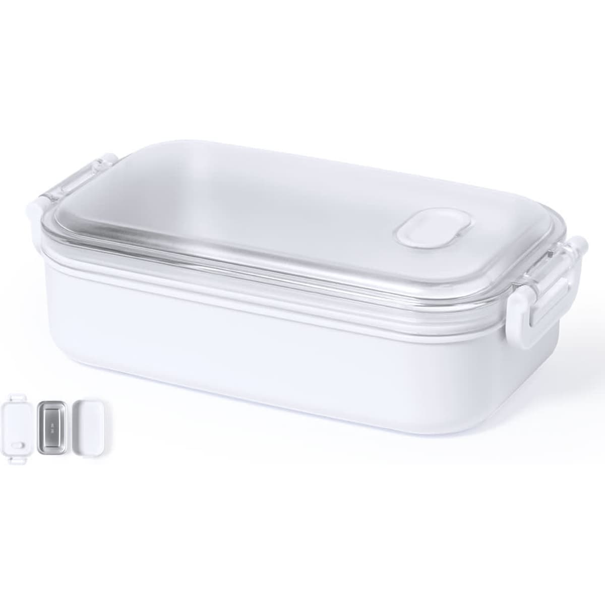 A white insulated lunch box with a transparent lid and handles, accompanied by two small containers.