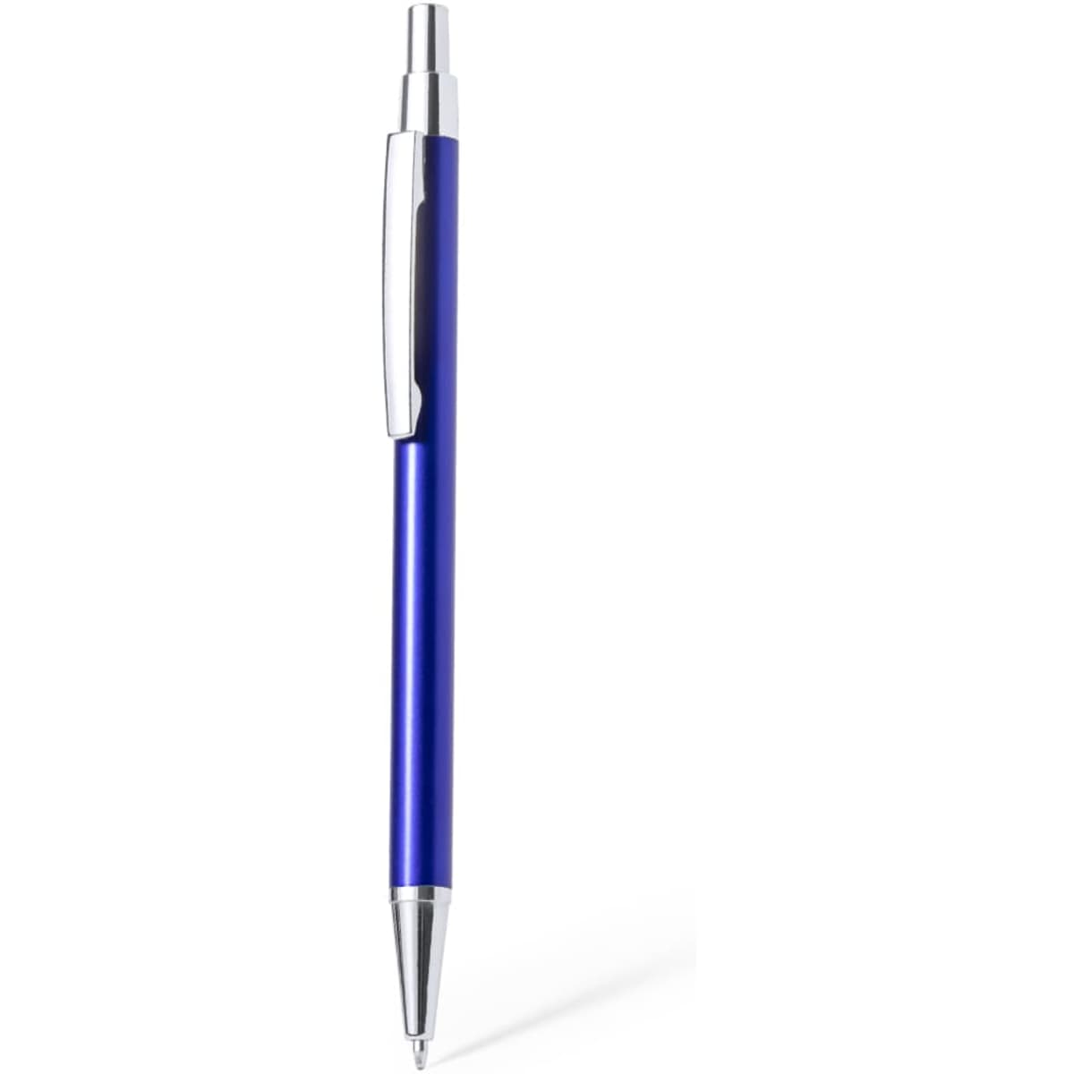 A blue metal pen with a silver clip and tip, featuring a sleek design and a logo on the barrel.