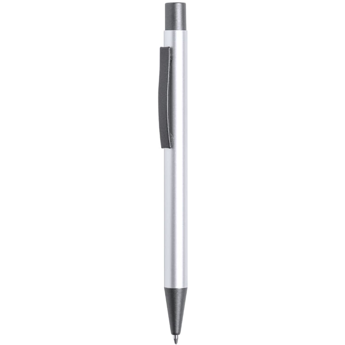 A metal pen in silver and black, featuring a sleek design and a clip, with a logo on the barrel.