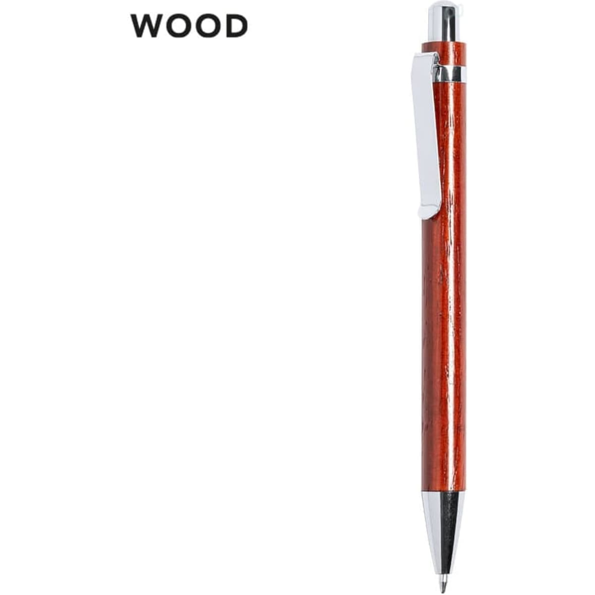 A wooden pen with a reddish-brown finish and silver accents, featuring a clip and a polished tip.
