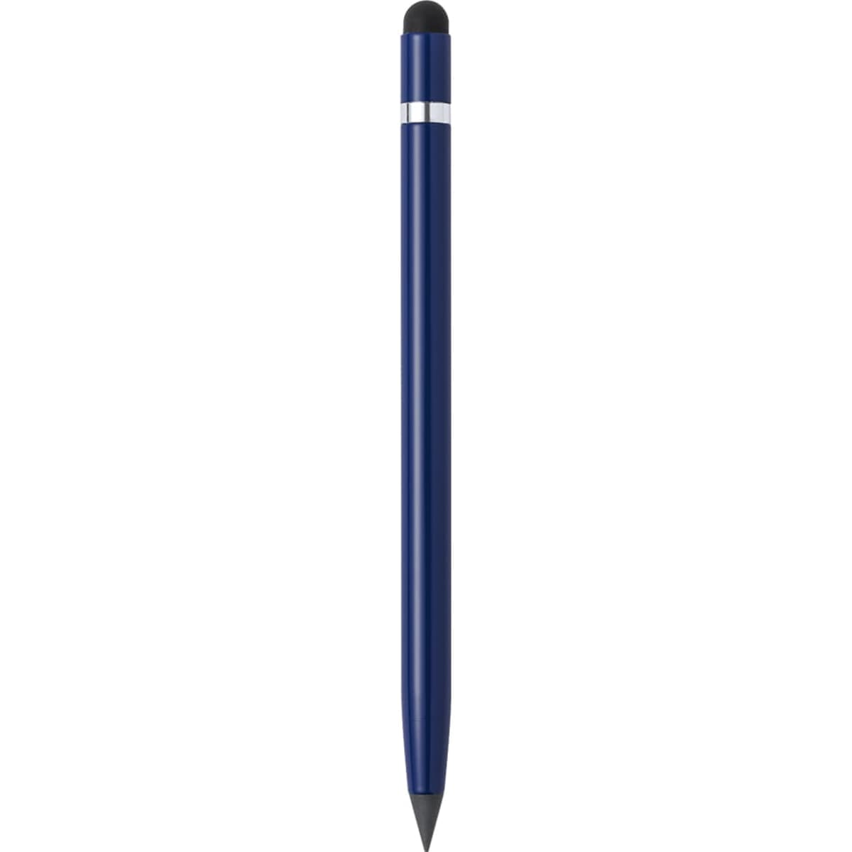 A blue stylus pen with a silver band and a rubber tip for touchscreen use. The pen has a sleek design.