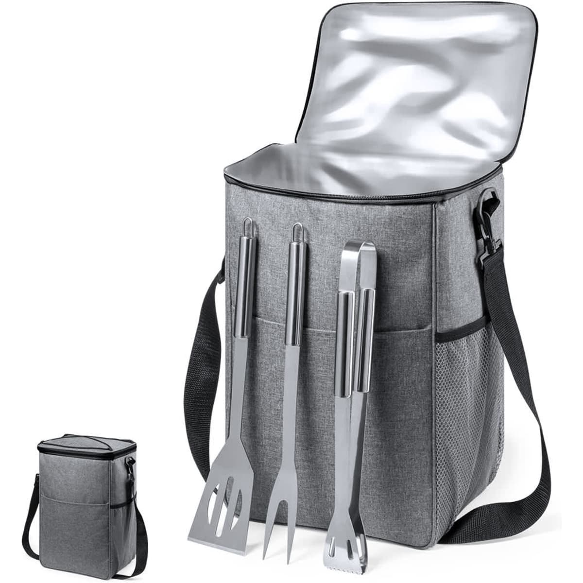 A grey barbecue set with a cooler bag, featuring stainless steel tongs, spatula, and fork.