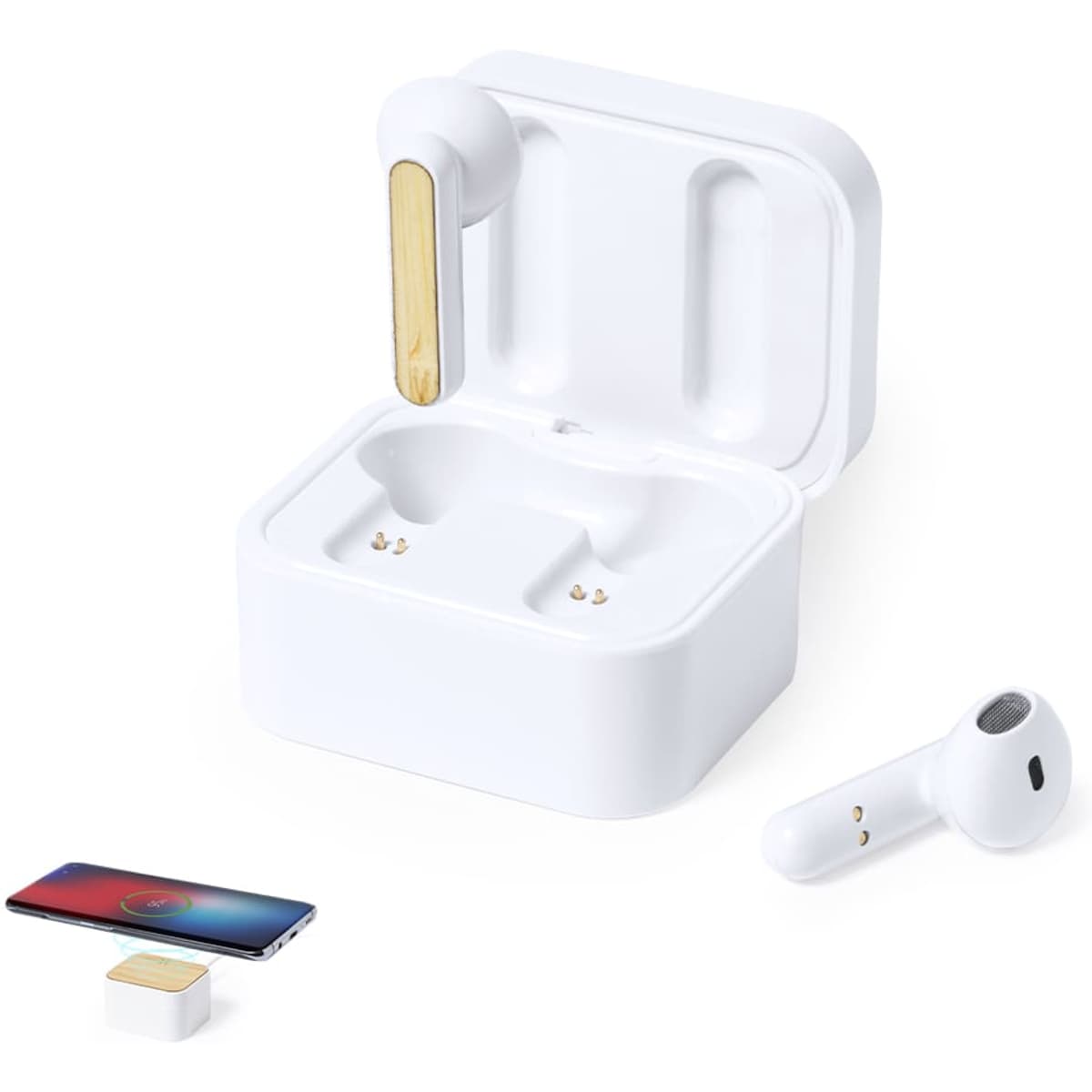 A pair of white earbuds in an open charging case, with a smartphone beside them. The earbuds feature a gold accent.