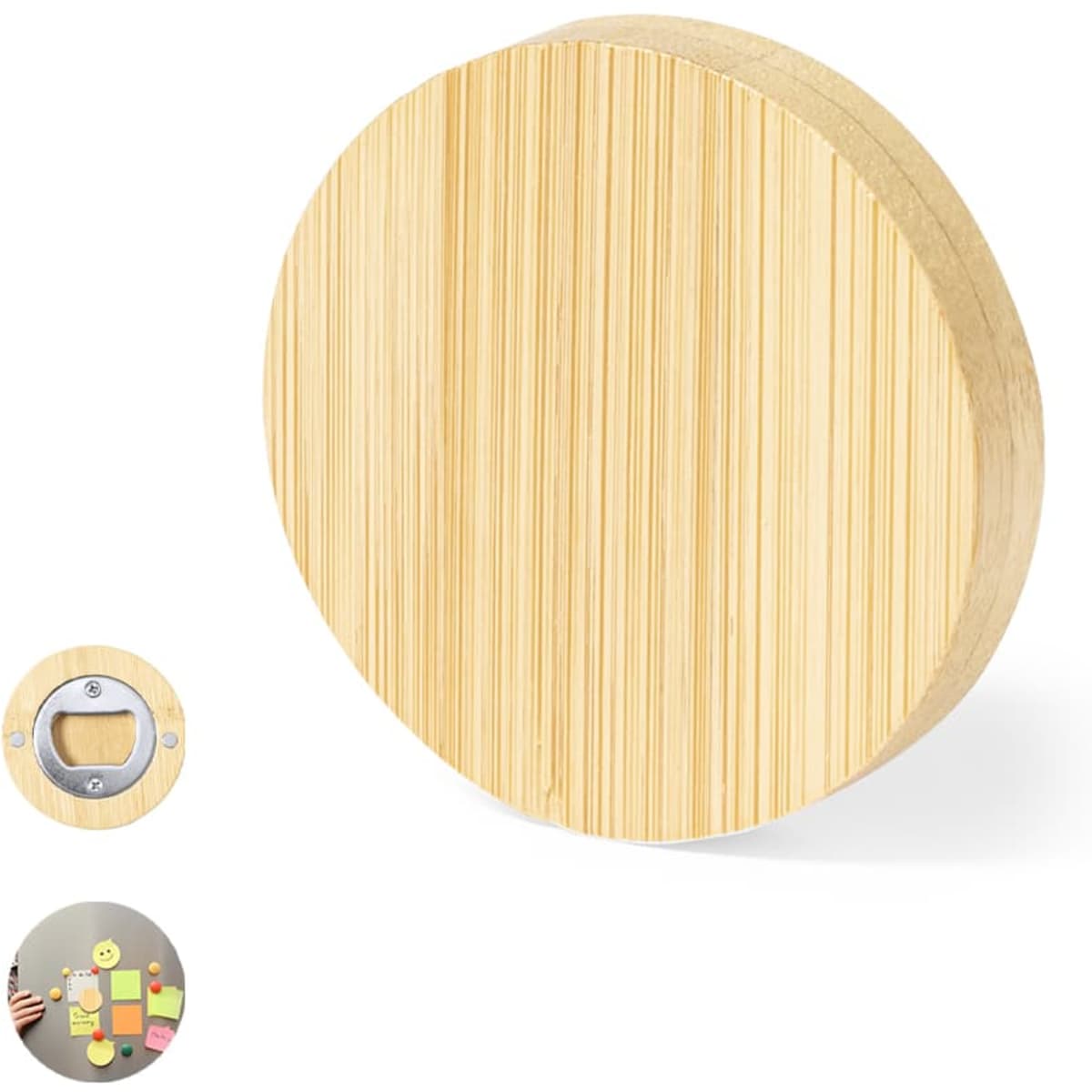 A round bamboo bottle opener with a silver metal opening feature and a light natural wood finish.