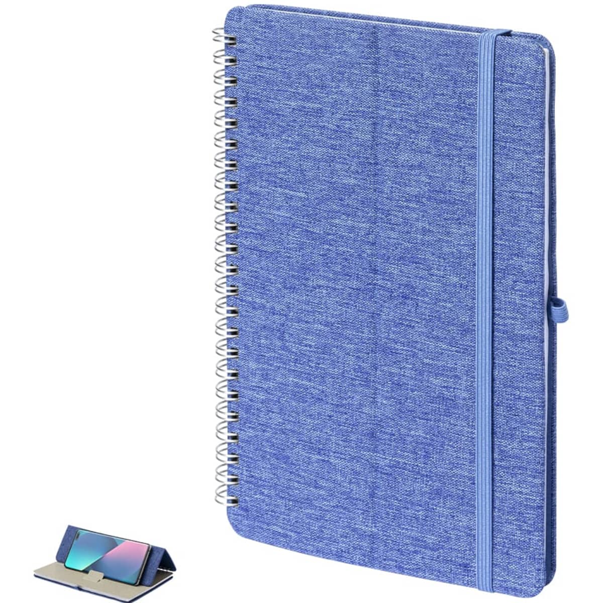 A blue spiral-bound notebook with a fabric cover and an elastic band. It is positioned next to a phone holder.