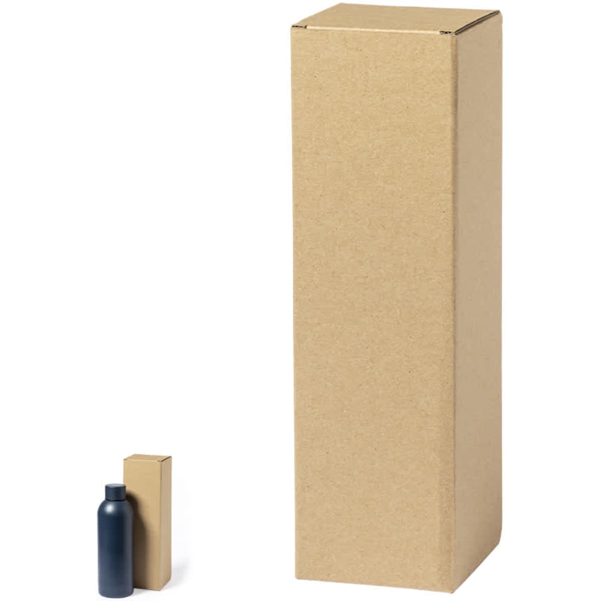 A brown cardboard box next to a smaller brown box, with a dark blue drink bottle. The image includes branding elements.
