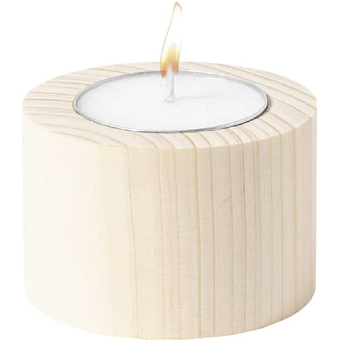 A wooden candle holder with a white tea light candle lit in the centre. The holder has a natural wood finish.