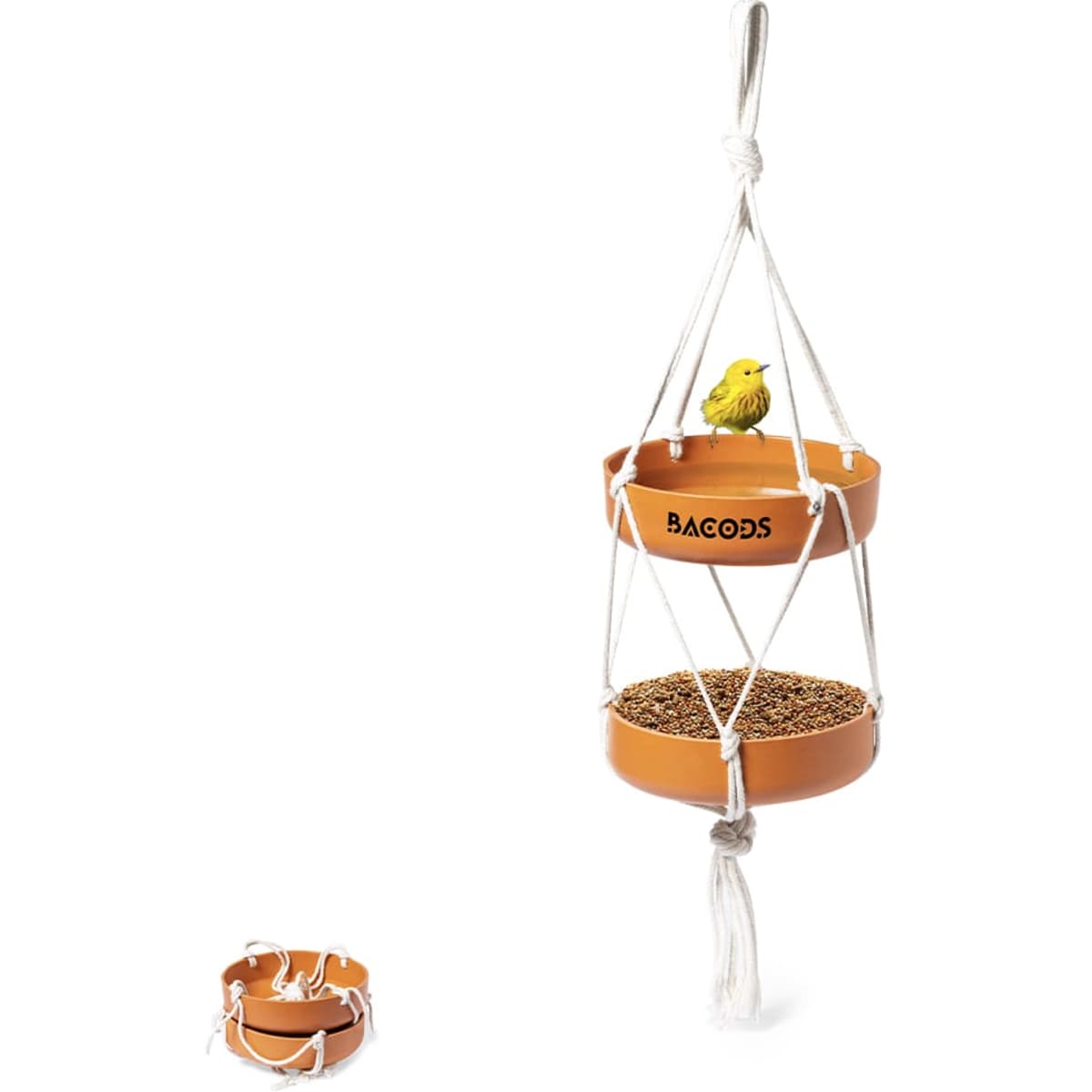 A bird feeder made of orange plastic with two tiers and a small yellow bird figurine perched on top. It has a branded logo.