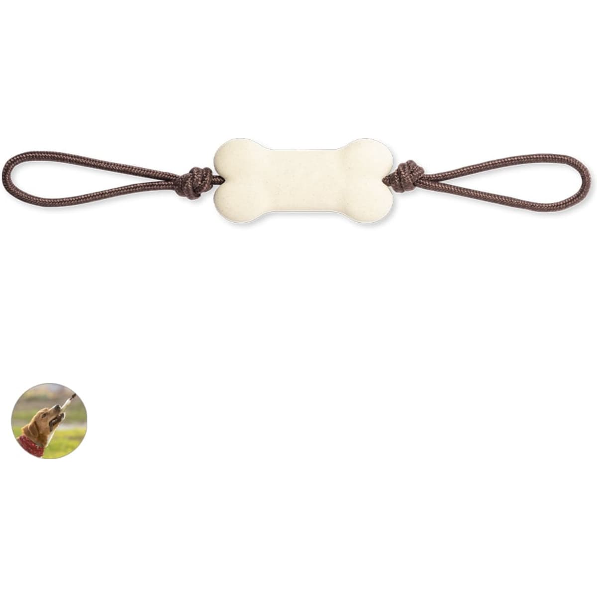 A bone-shaped dog toy in cream colour, attached to brown cord handles. Features a logo on the side.