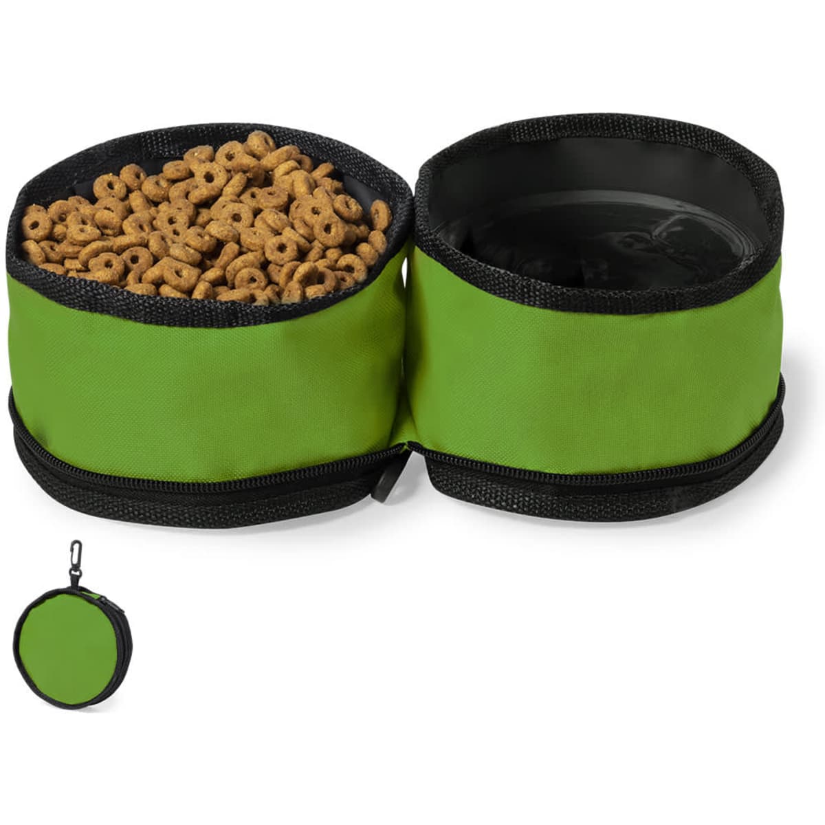 A green dual-compartment container with a zipper, holding snacks and a drink, featuring a clip for easy attachment.