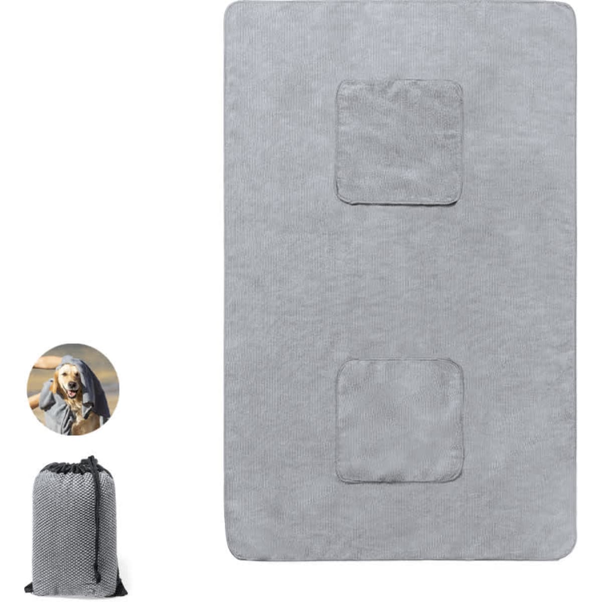 A grey pet towel featuring two patches and a drawstring storage bag. Includes a logo on the bag.