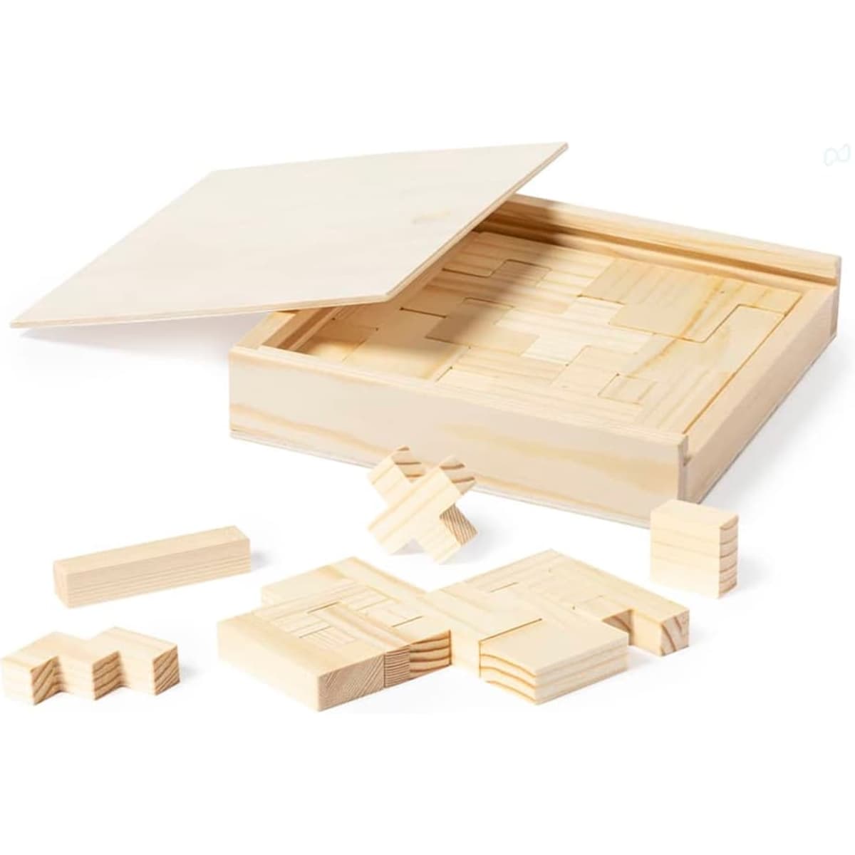 A wooden puzzle set featuring various shaped pieces displayed around a rectangular box with a lid.