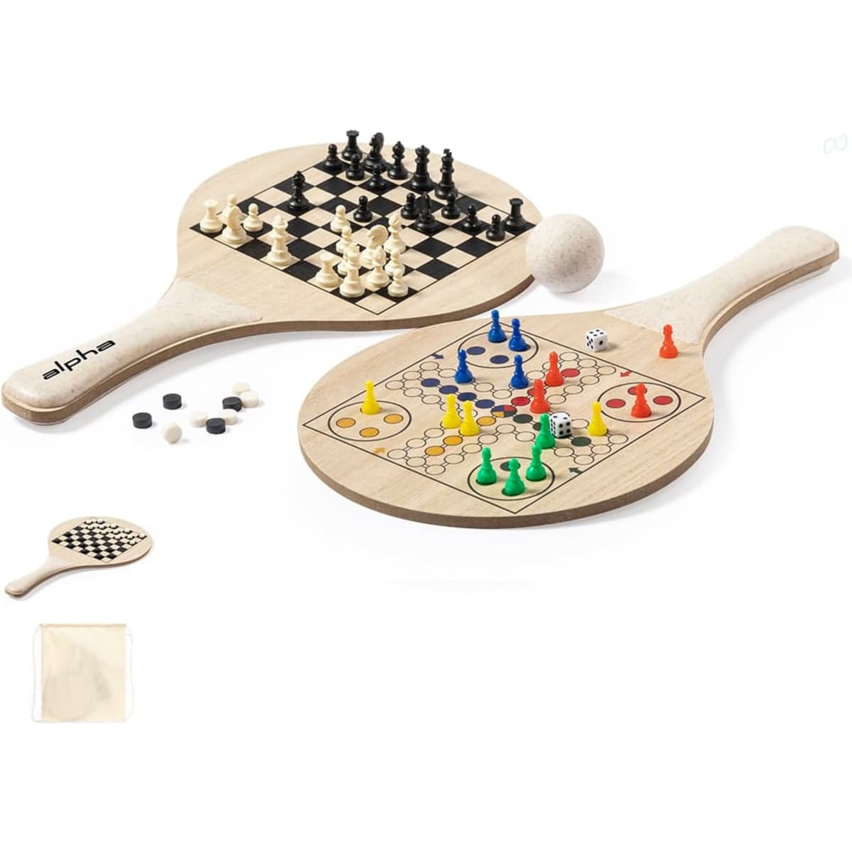 Beach rackets made of wood, featuring a chessboard on one side and a colourful board game on the other, with a ball included.