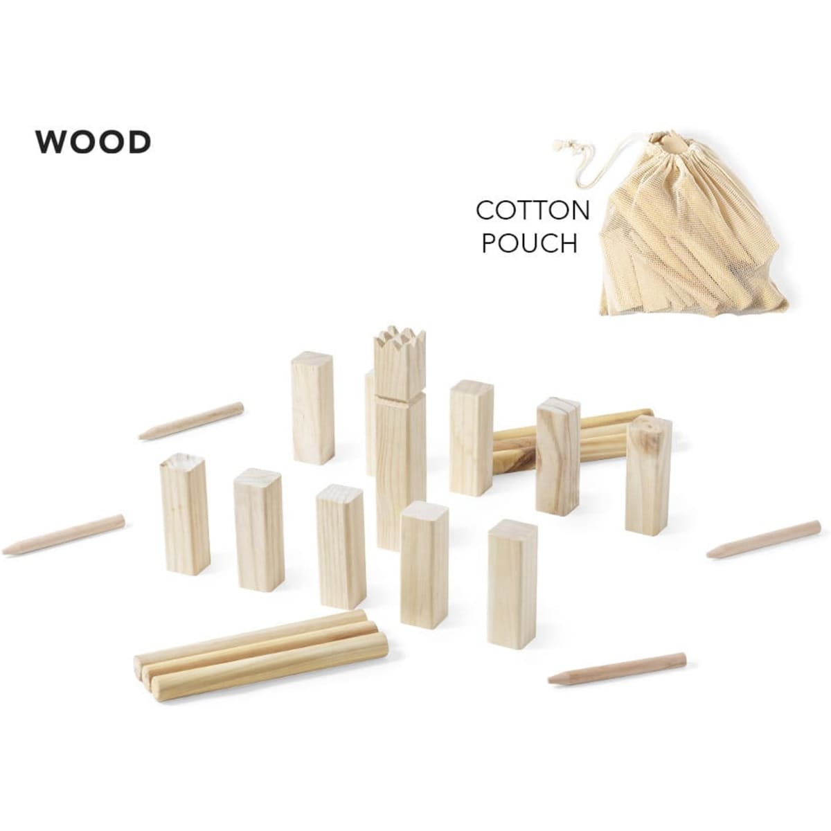 A collection of wooden game pieces in various shapes, along with a cotton pouch for storage.
