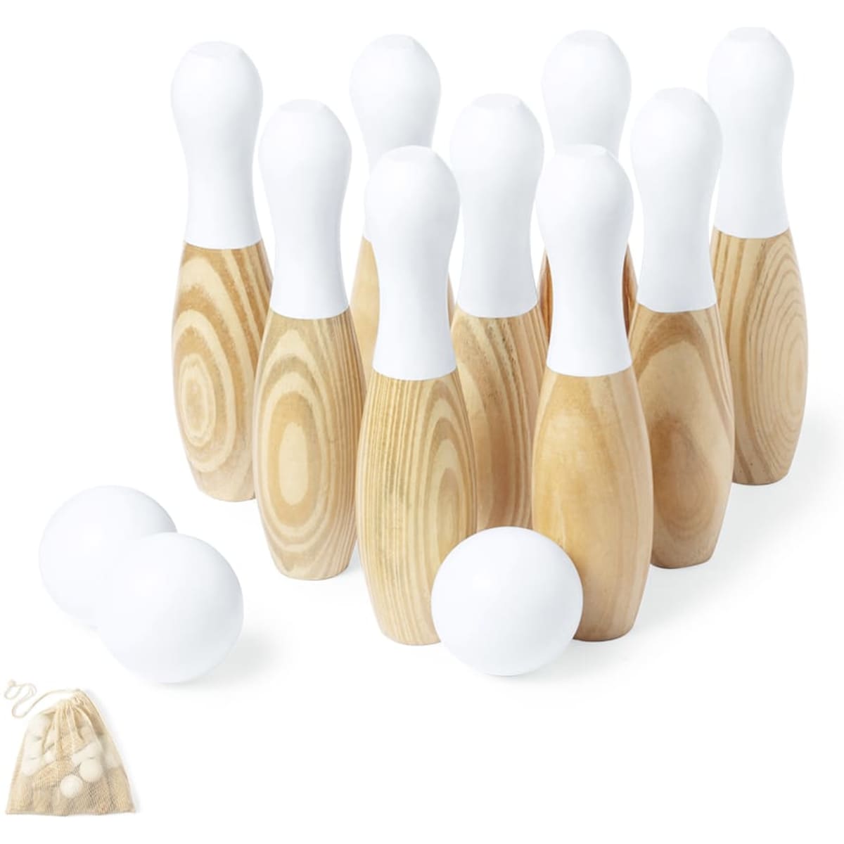 A set of wooden bowling pins with white tops, accompanied by two white balls, all laid out beside a drawstring bag.