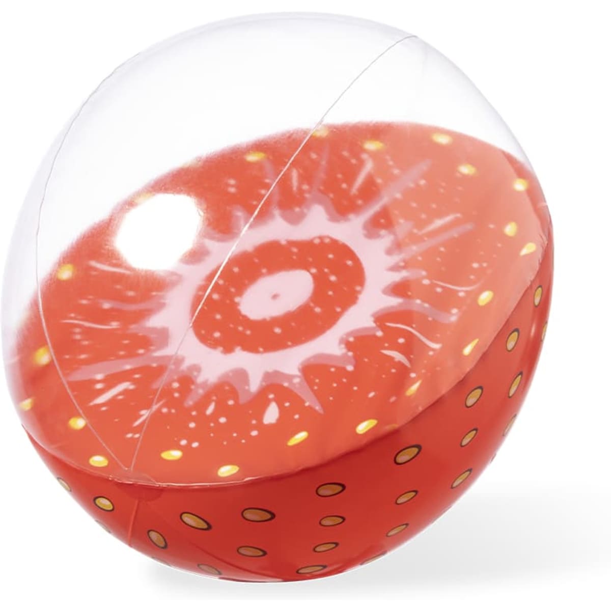 A vibrant red beach ball with a fruit design and yellow polka dots, featuring a clear plastic outer shell.