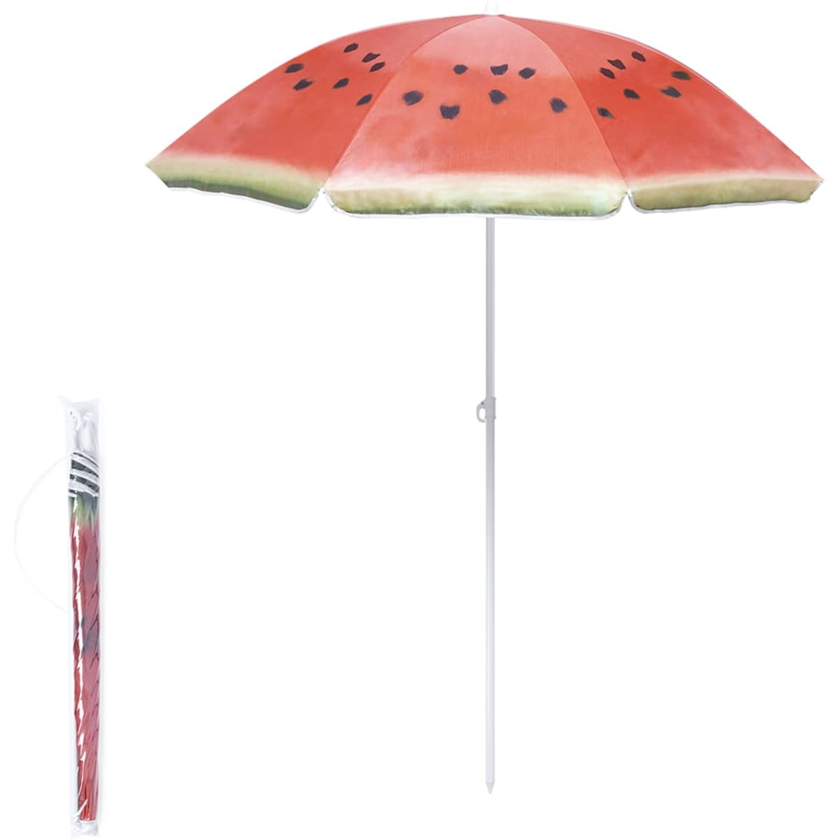 A beach umbrella designed with a watermelon pattern, featuring shades of red and green, with a single white pole.