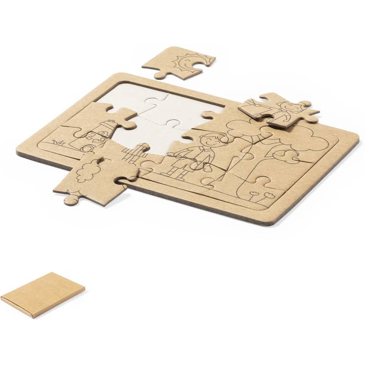 A wooden jigsaw puzzle featuring an illustrated scene with pieces in a tan colour. One piece is set aside.