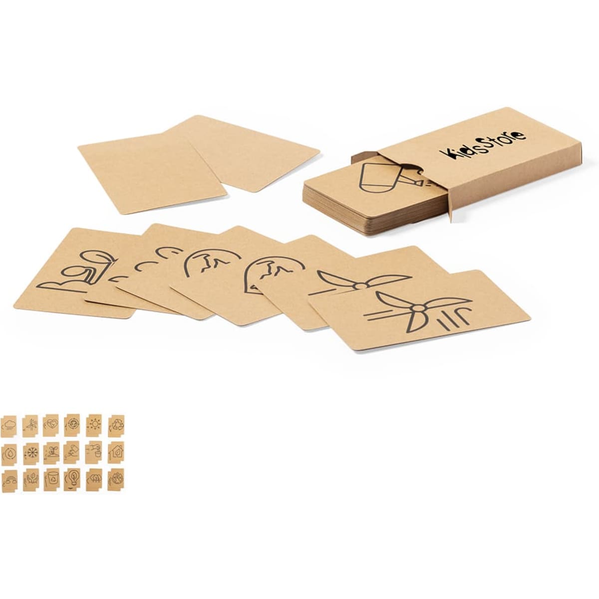A set of brown playing cards featuring simple illustrations, packaged in a rectangular box with a logo.