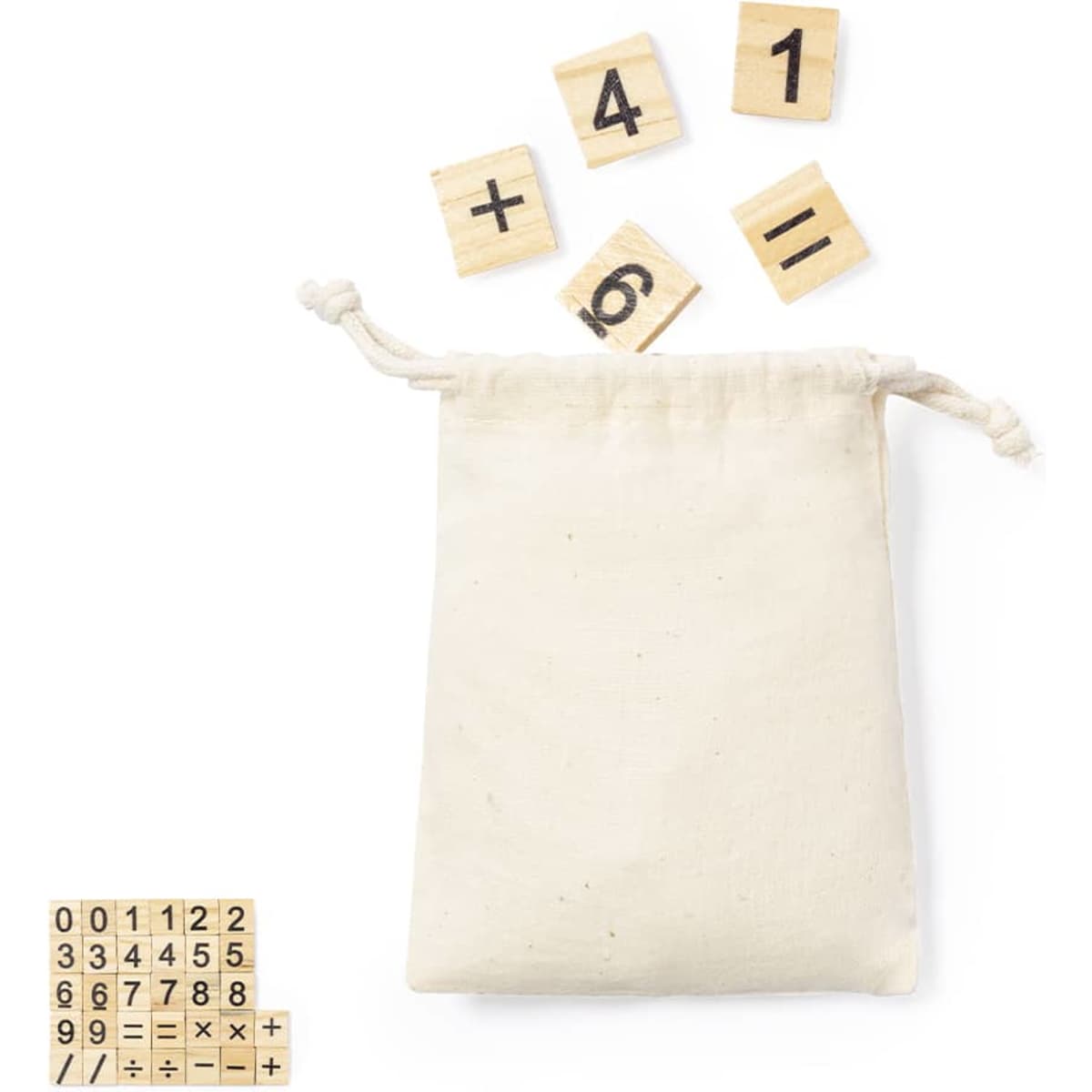 A cream pouch with a drawstring contains wooden tiles. Some tiles showing numbers and symbols are placed above the pouch.