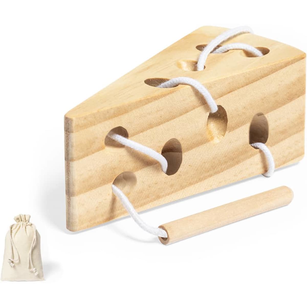 A wooden cheese-shaped puzzle with holes and laces, accompanied by a small drawstring bag.