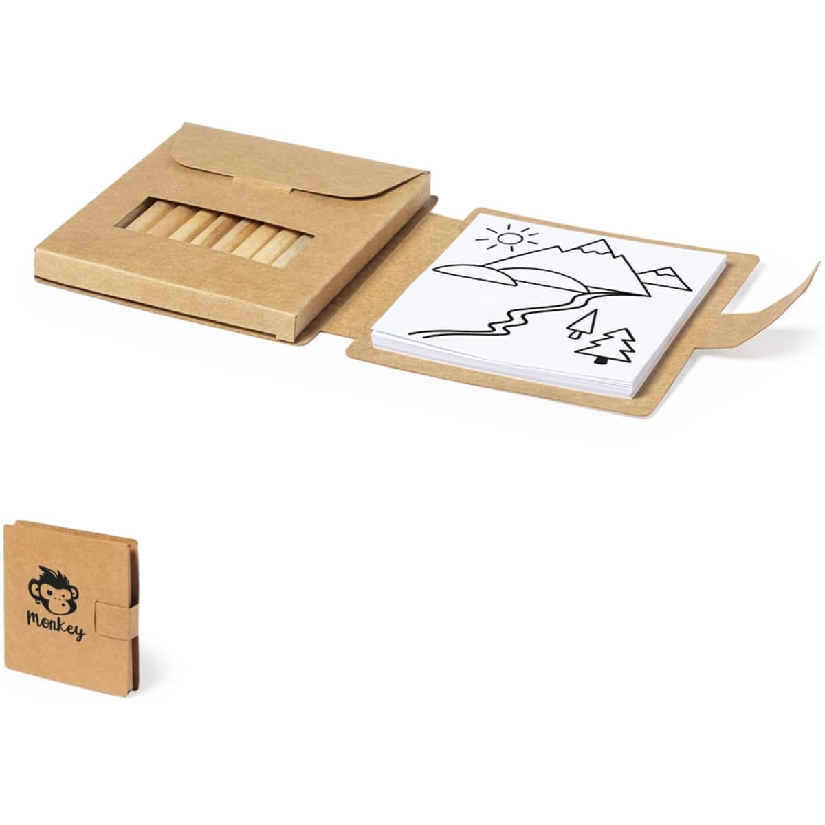 A coloured pencil set in a kraft box with a drawing pad featuring landscape outlines. The box has a logo.