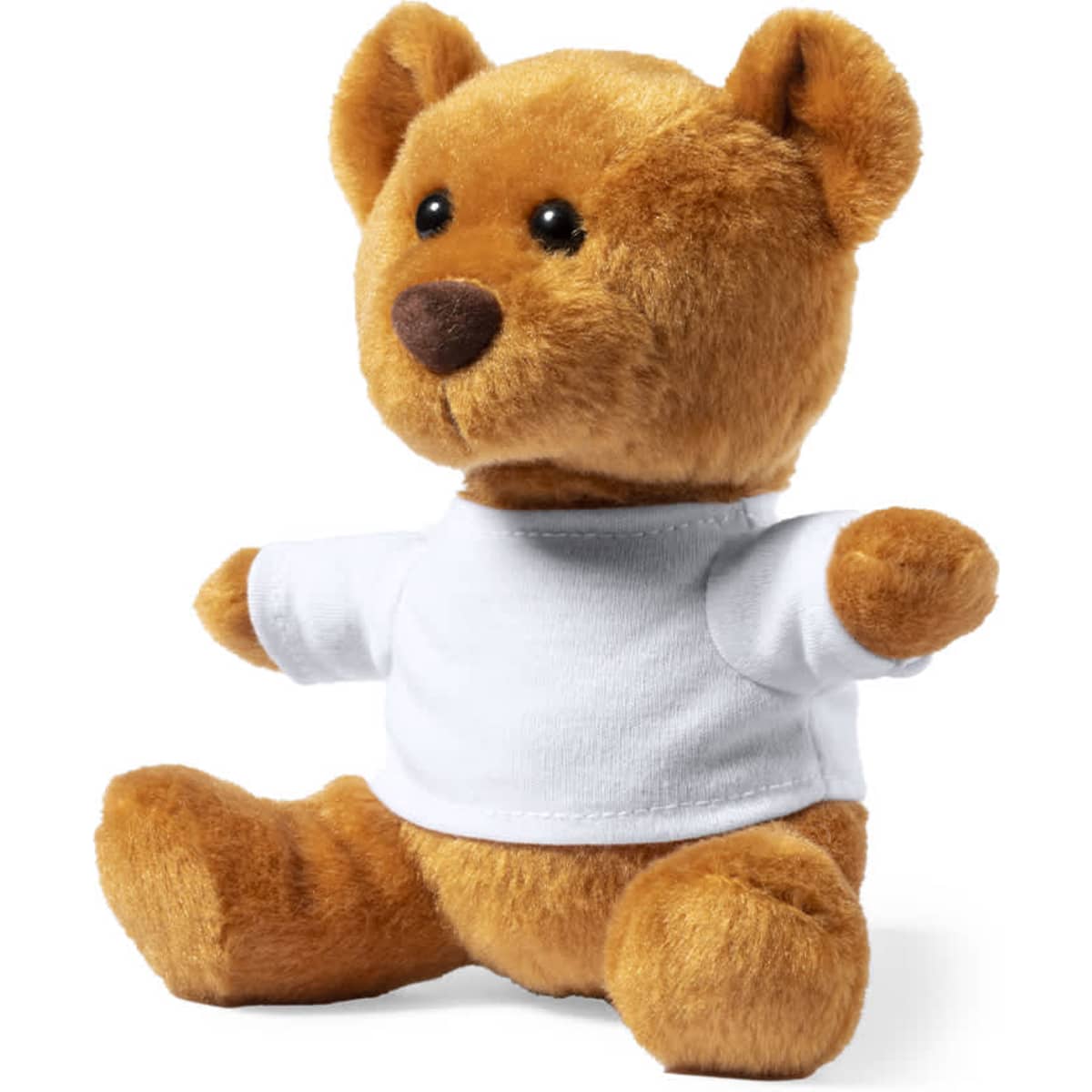 A plush teddy bear in brown, wearing a white t-shirt, sits with a cheerful expression.