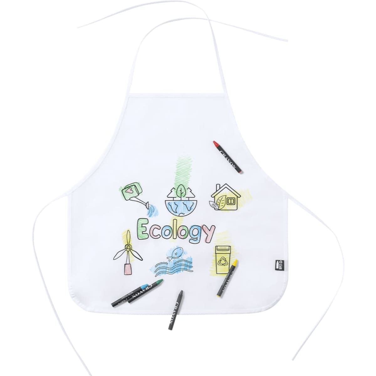 A white apron featuring eco-themed drawings and surrounded by colourful markers. It includes a logo design.