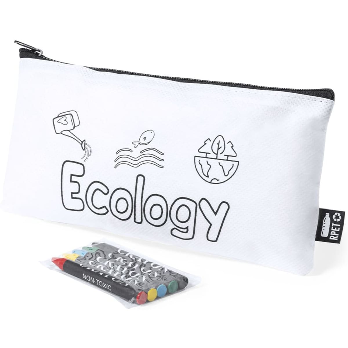 A white pencil case with eco-themed illustrations and a pack of non-toxic coloured pencils. It features a logo.