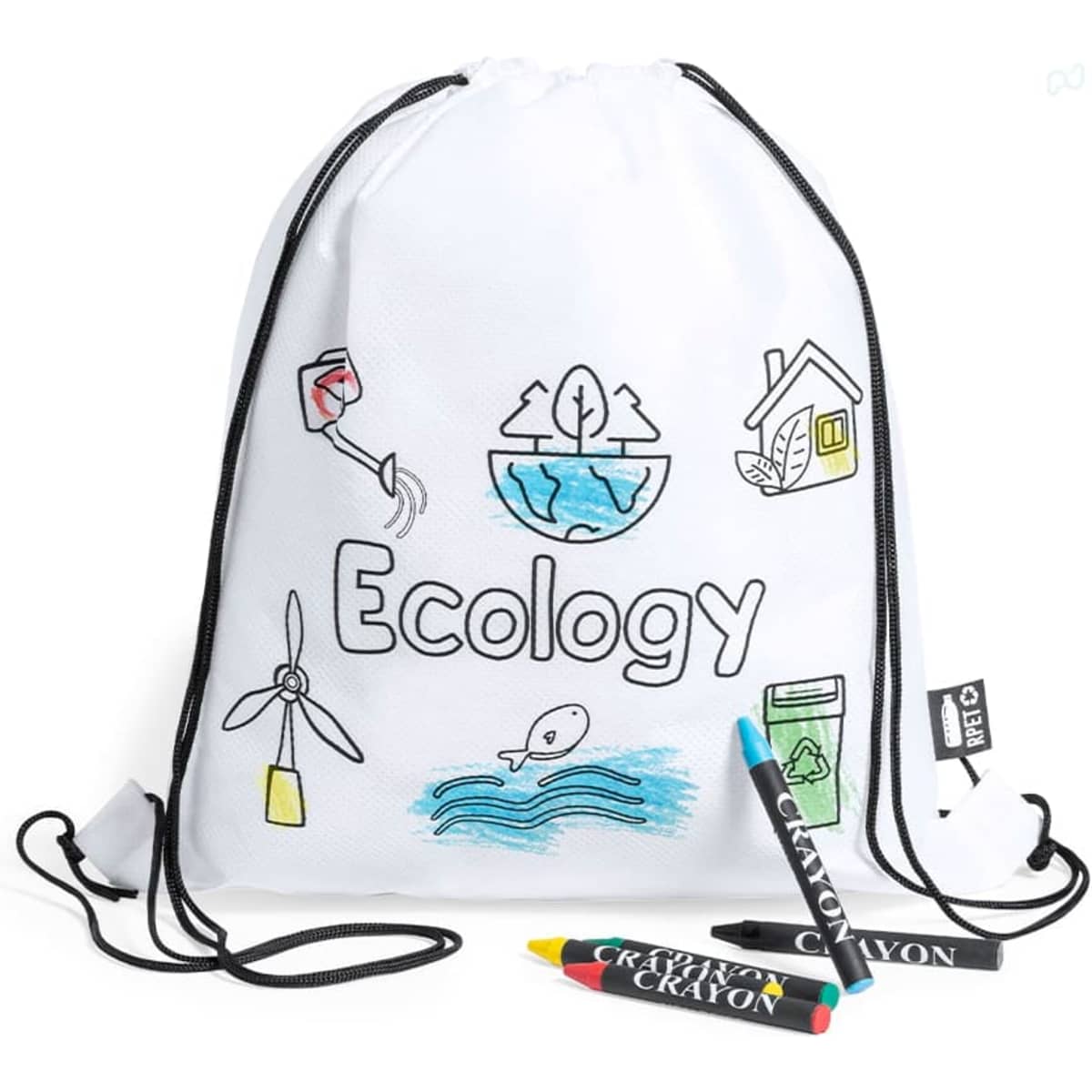 A white drawstring bag featuring ecology-themed illustrations and a logo, accompanied by colourful crayons.