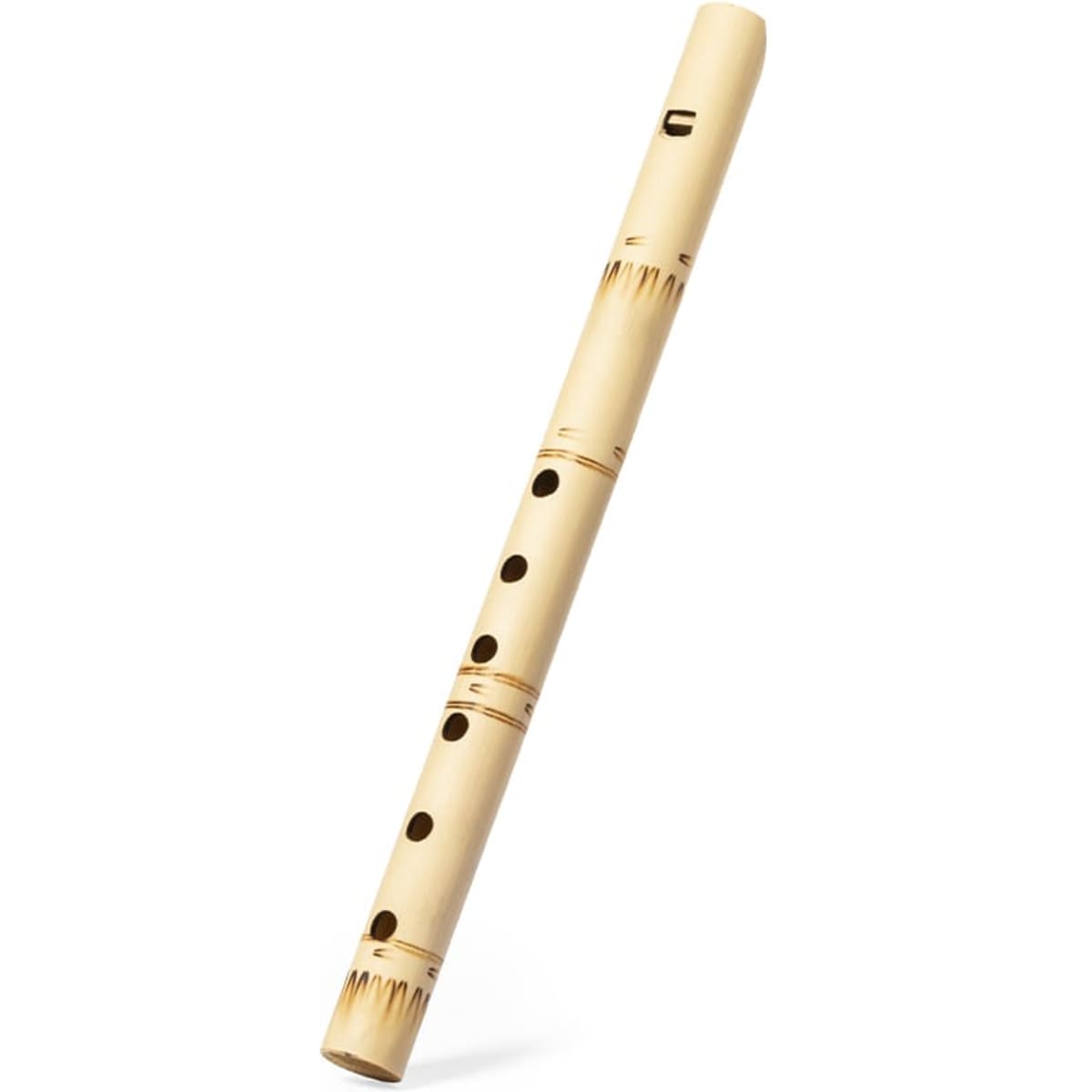 A wooden flute in a natural light beige colour, featuring several finger holes and a decorative pattern.