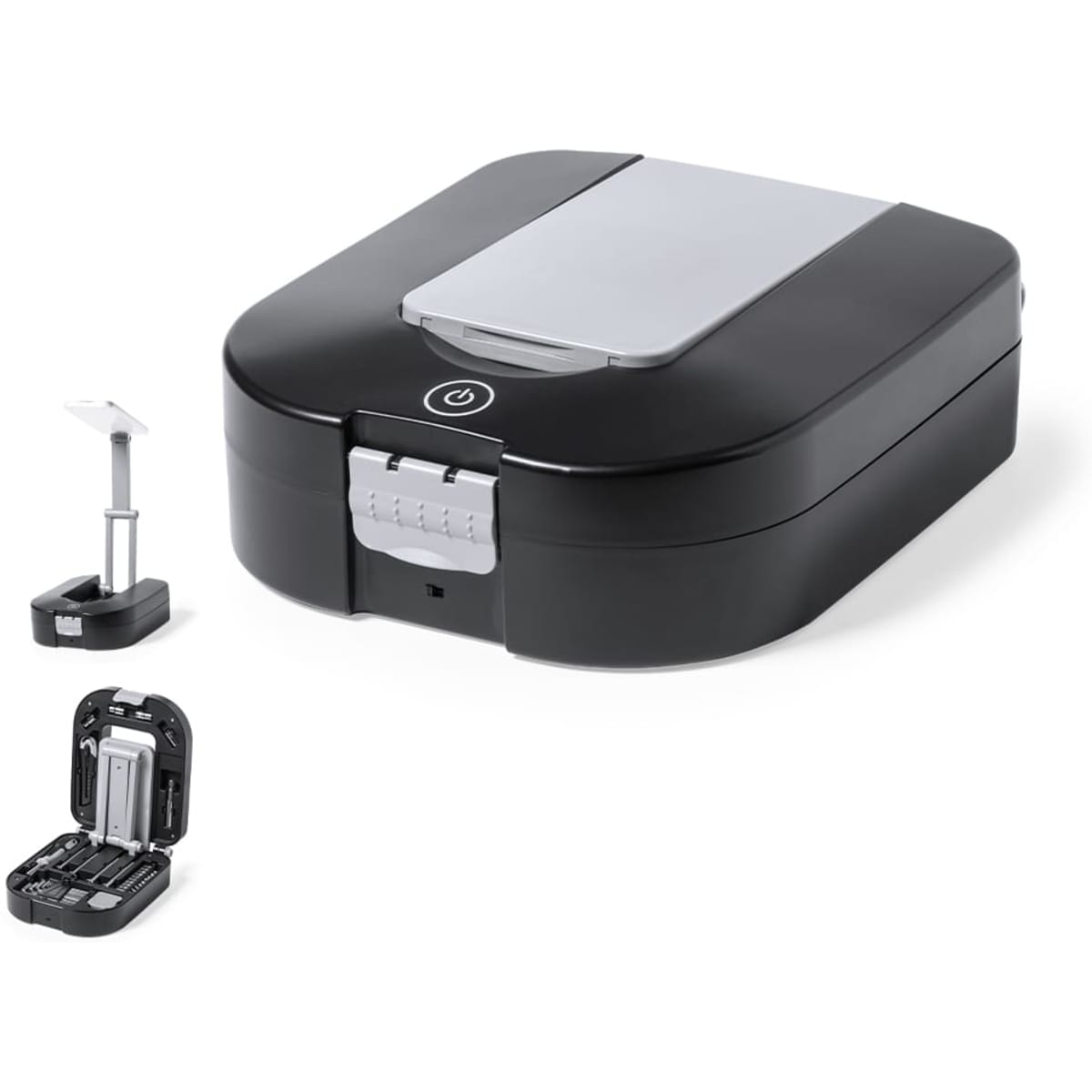 A black multi-tool storage case with a silver lid, includes a small tool kit. Features a power button and a logo.