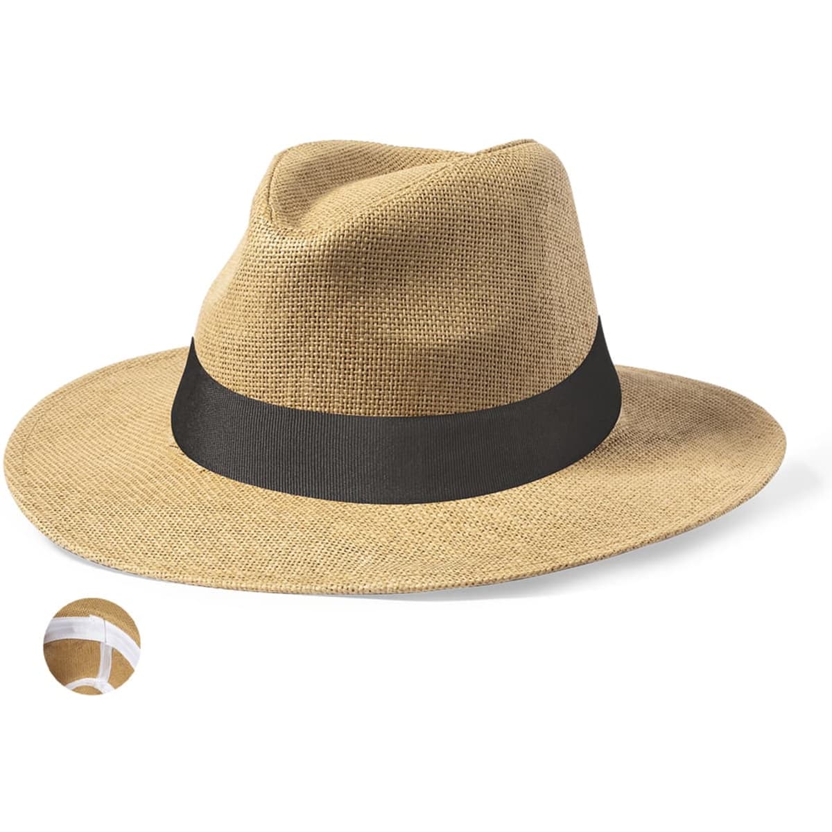 A straw hat in a natural beige colour with a wide black ribbon band and an inner sweatband.