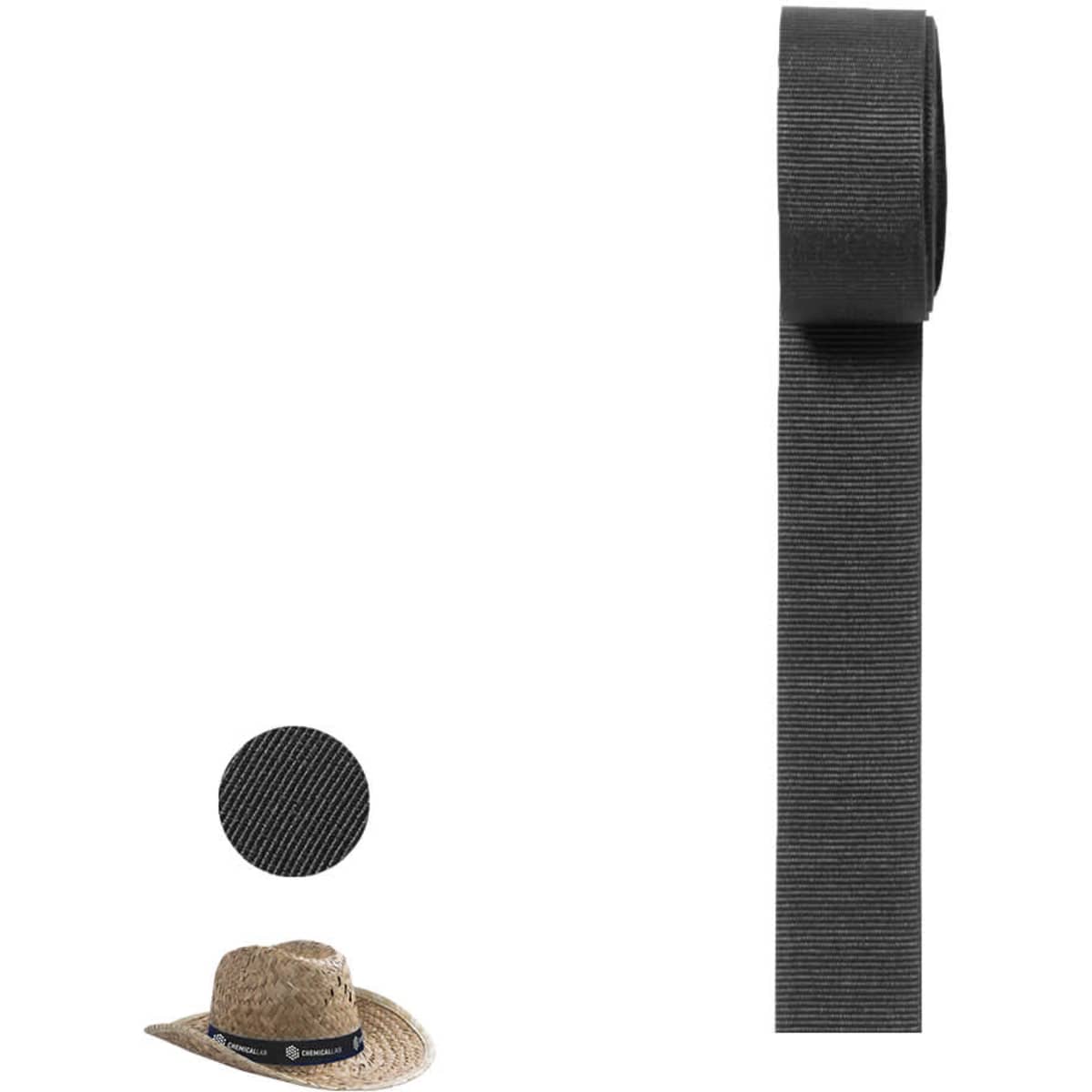A black ribbon alongside a straw hat with a circular patterned element. The ribbon has a textured finish.