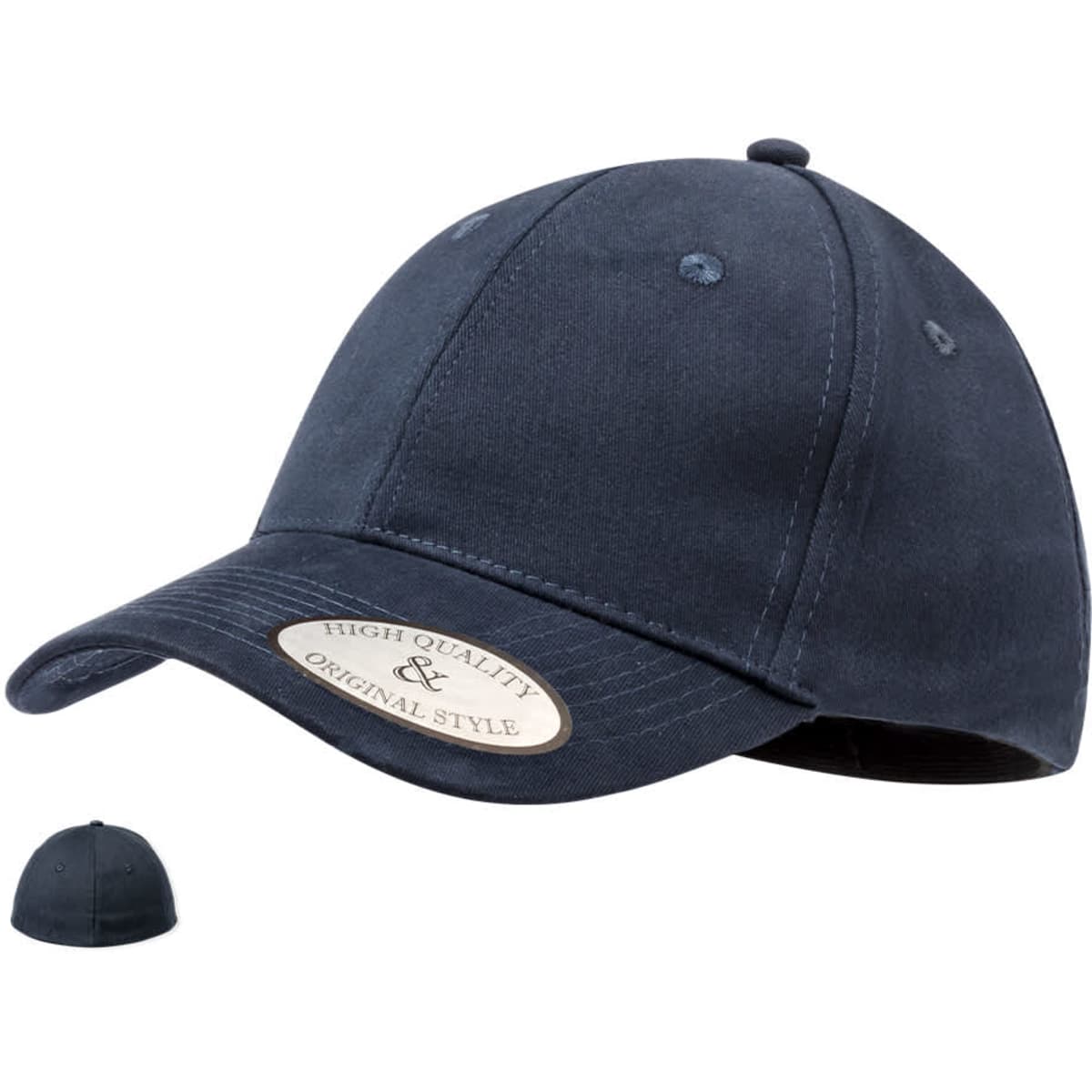 A navy blue cap with a curved brim and a logo on the front. It has a rounded crown and stitched detailing.