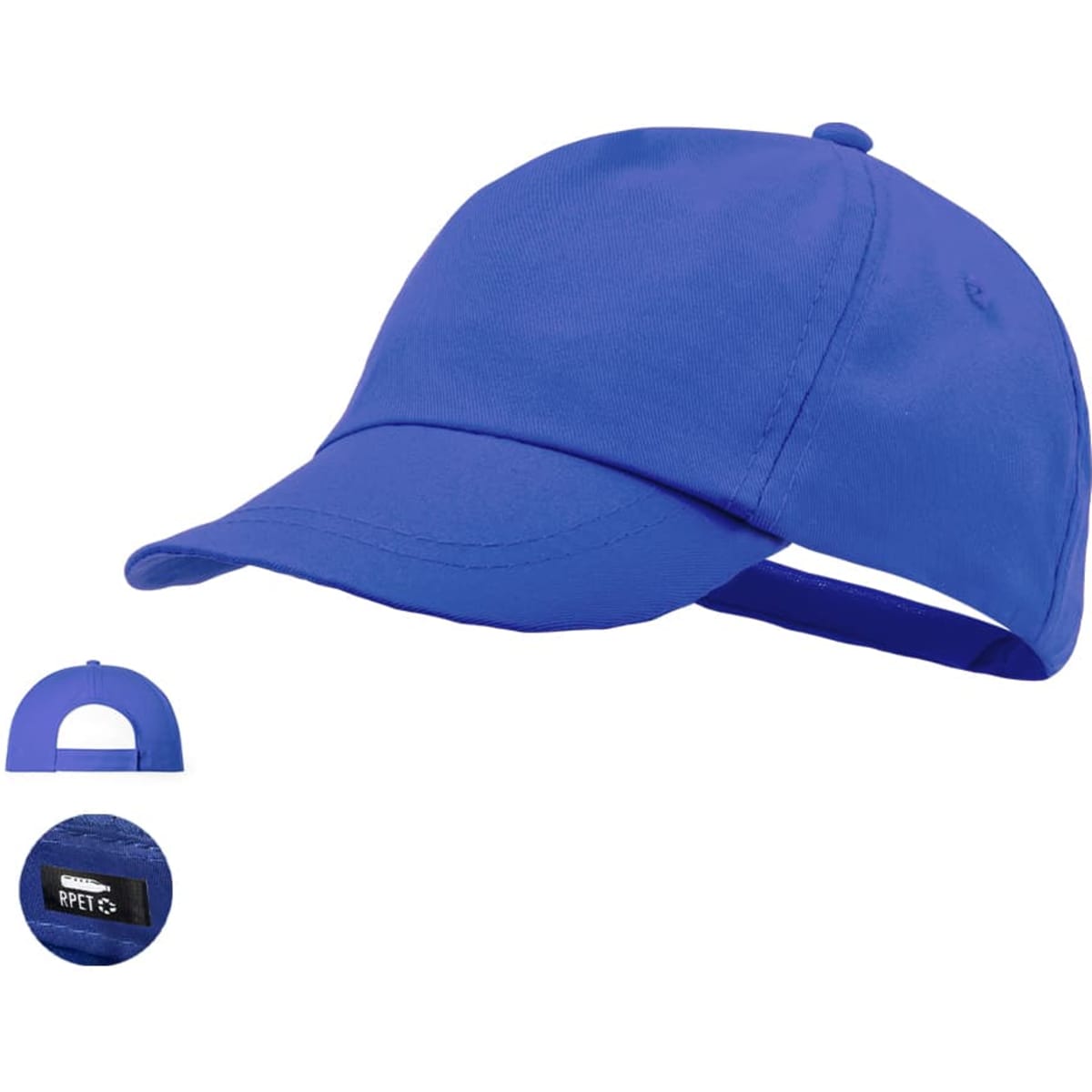 A blue cap with a curved brim and an adjustable strap at the back, featuring a logo on the side.