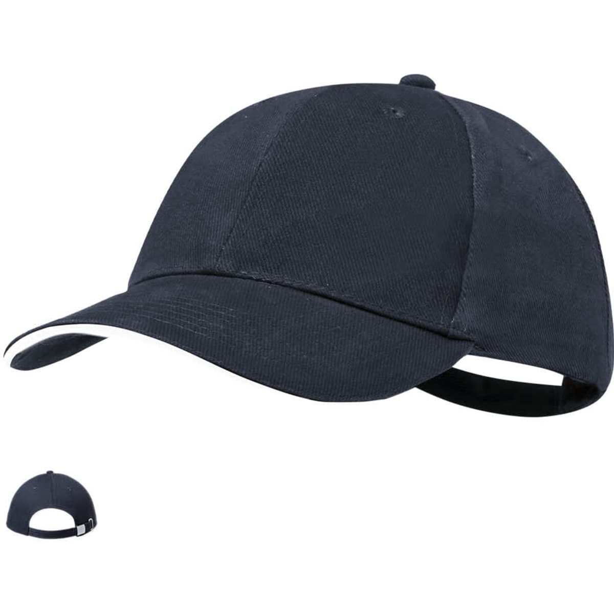 A navy cap with a curved brim, featuring a logo, and an adjustable strap at the back.