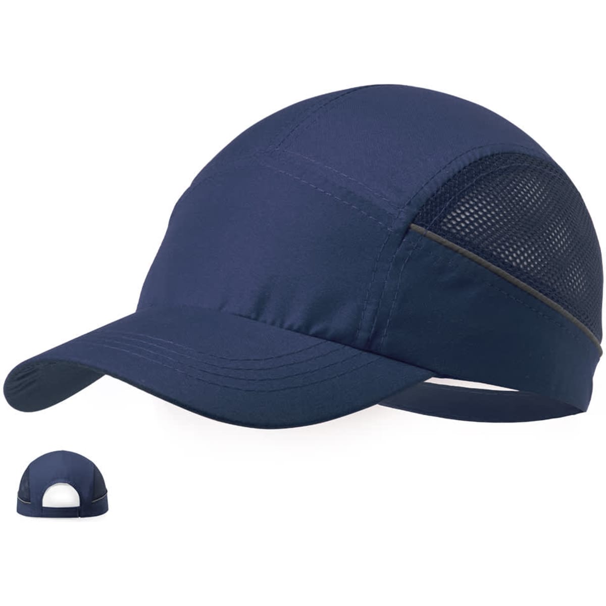 A navy cap with a mesh panel at the back and a curved brim, featuring a logo on the side.