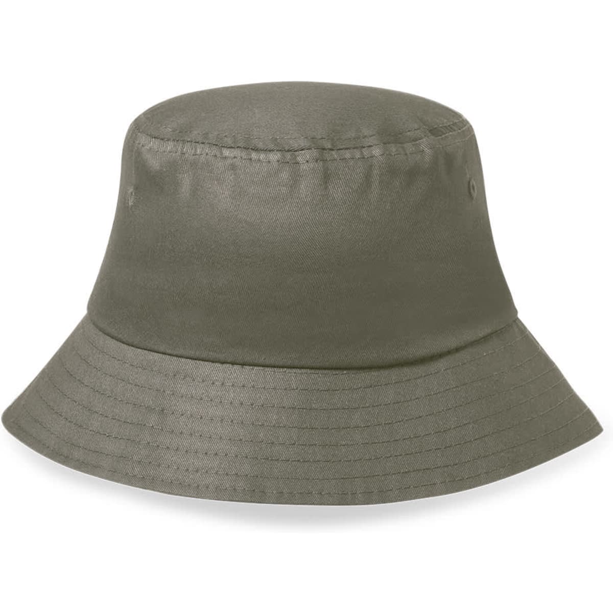 A bucket hat in olive green with a wide brim and a smooth texture, featuring a logo.