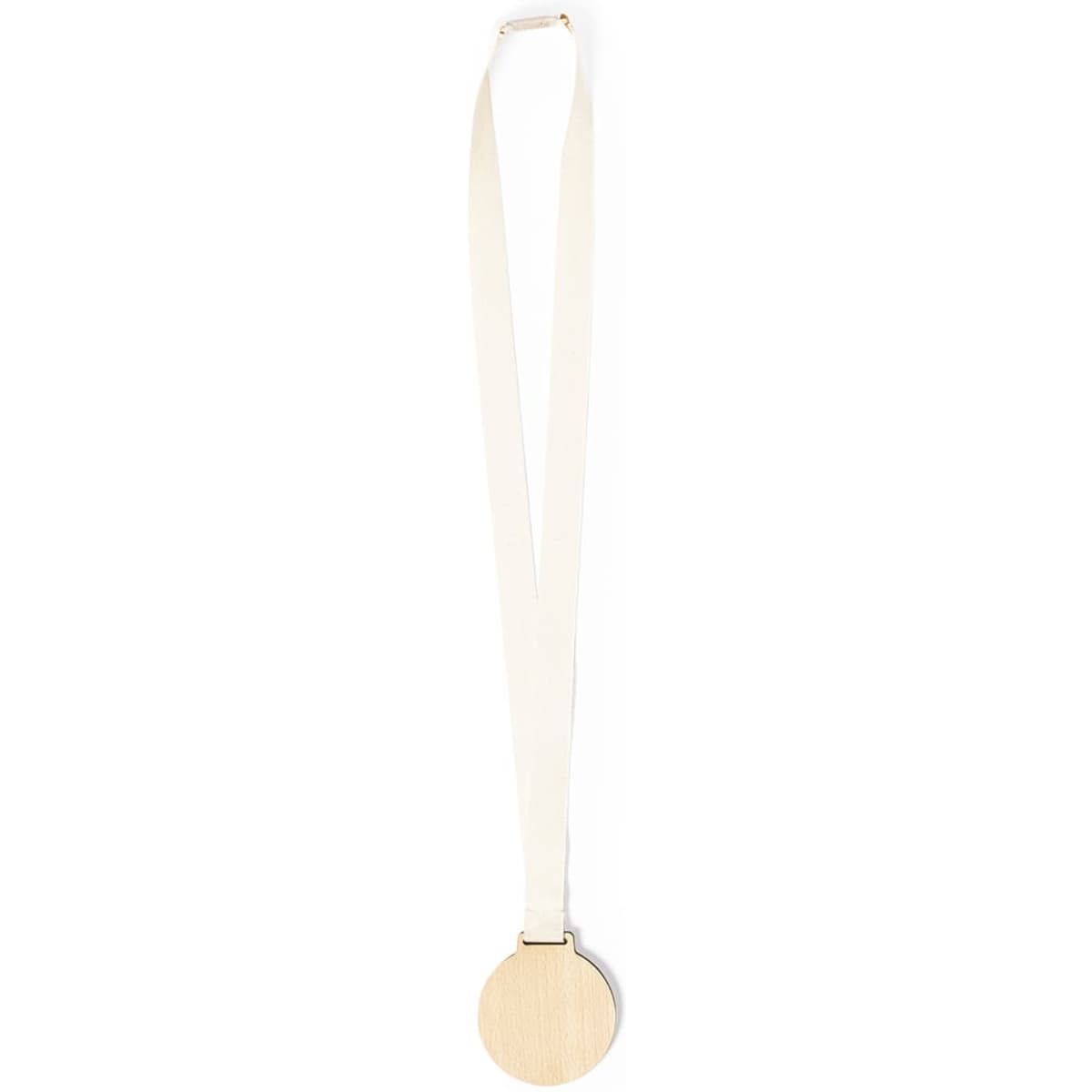 A wooden medal with a smooth circular surface, attached to a plain white ribbon.