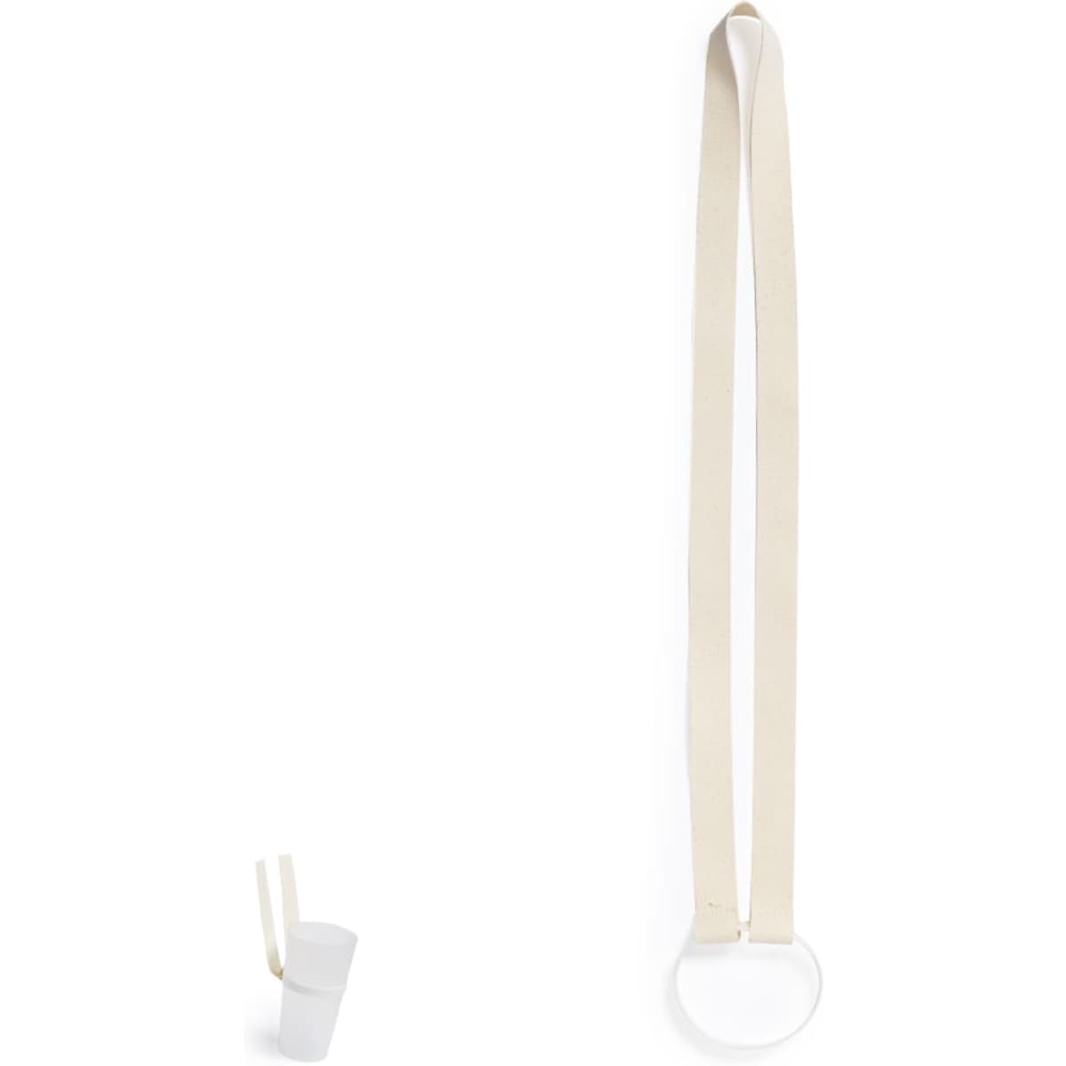 A lanyard with a beige strap and a circular holder for a drink bottle. The design includes a small, white cup.