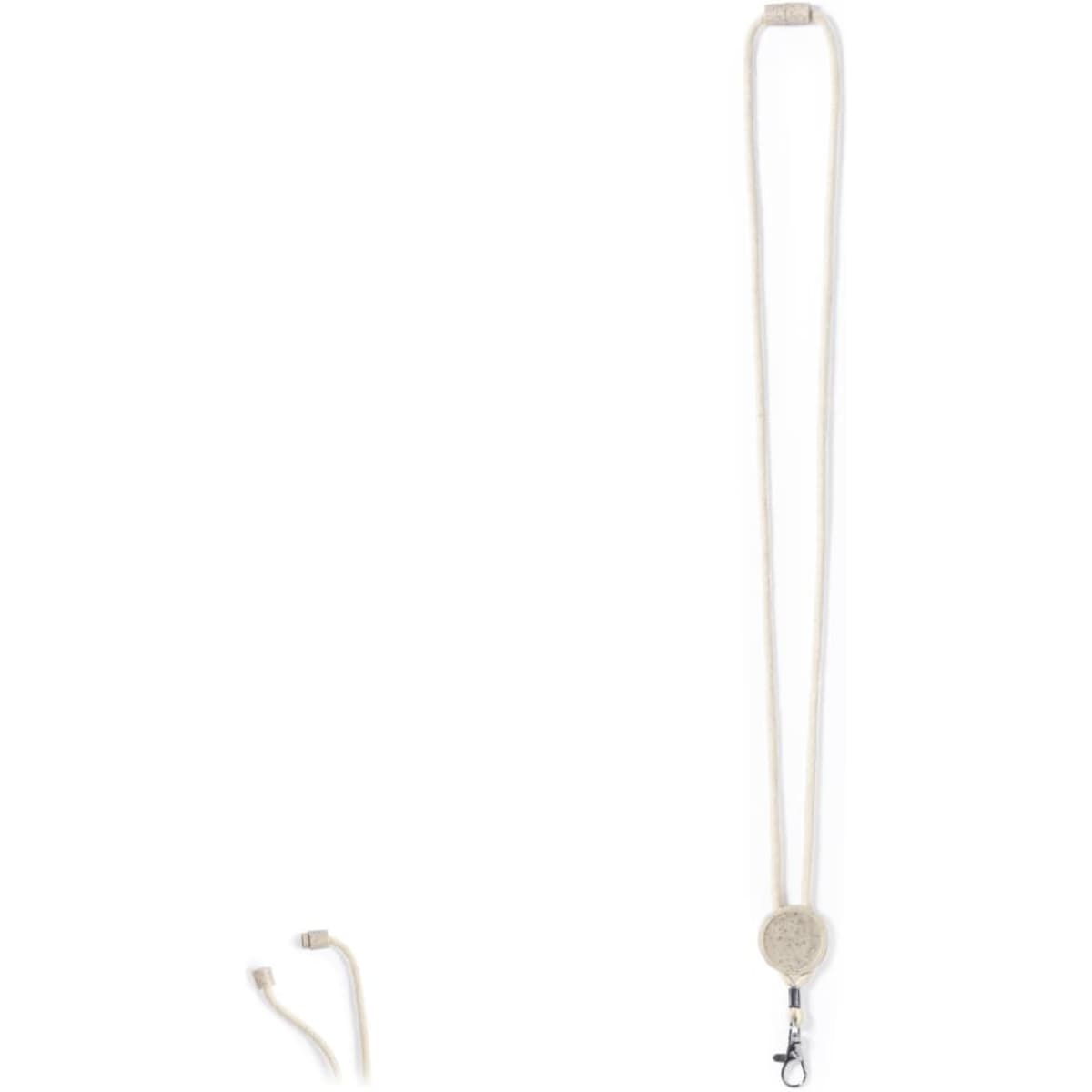 A cream lanyard with a circular attachment and clip, featuring two additional connectors.