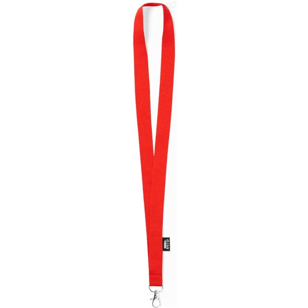 A red lanyard featuring a clip clasp, designed for holding ID cards or keychains.