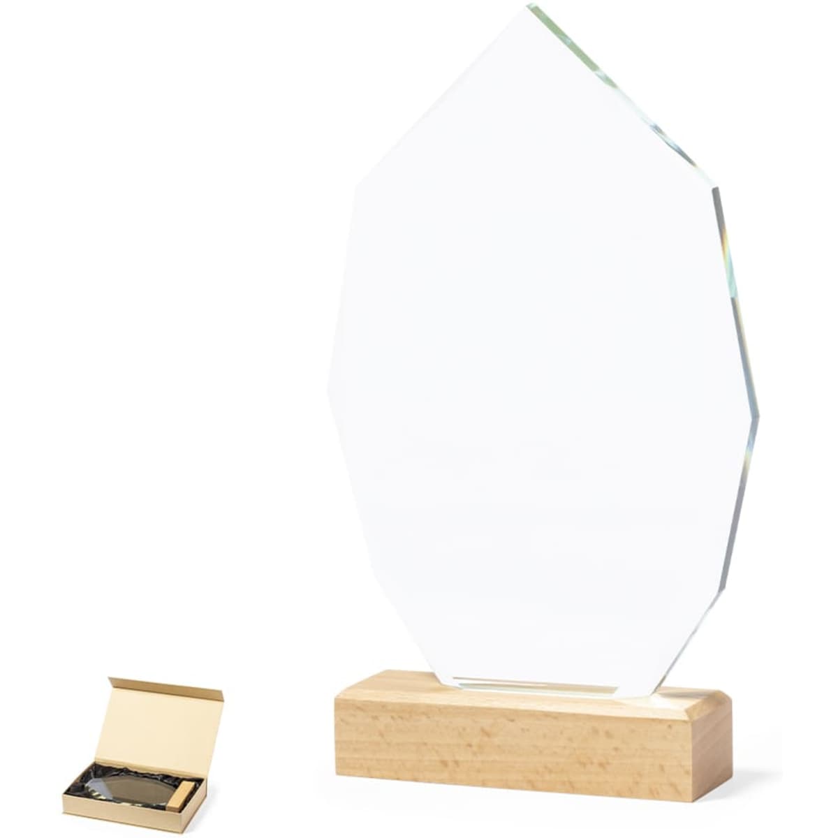 A clear acrylic award trophy with a wooden base, presented in a fitted box.