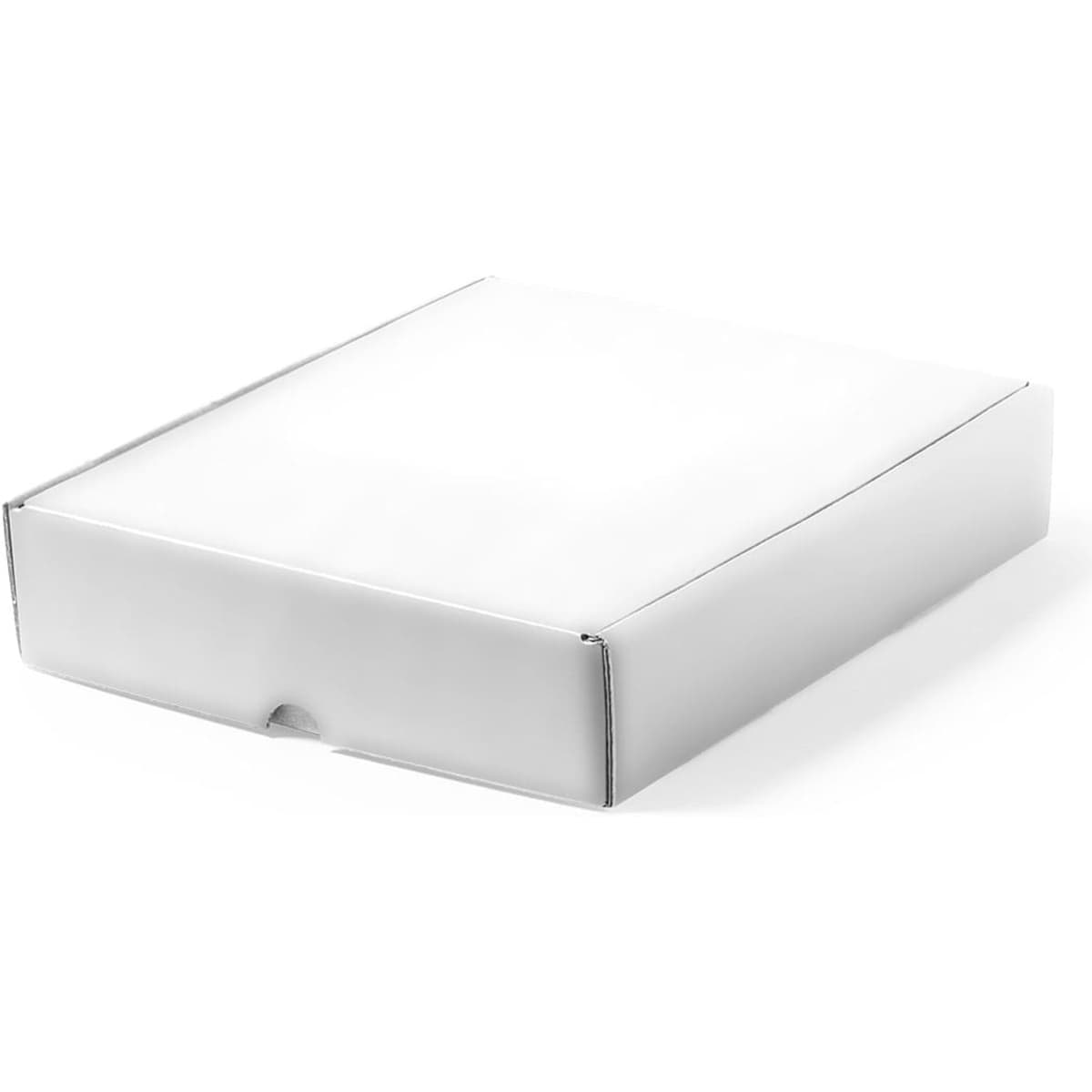 A white gift box with a flap closure, designed for packaging products. Minimalistic and sleek in design.