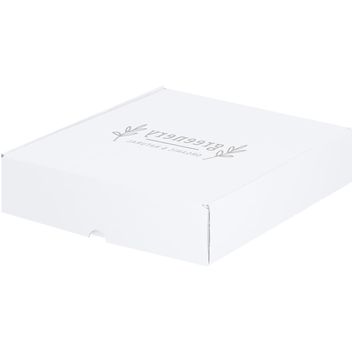 A white gift box featuring a simple design and a logo, suitable for packaging items.