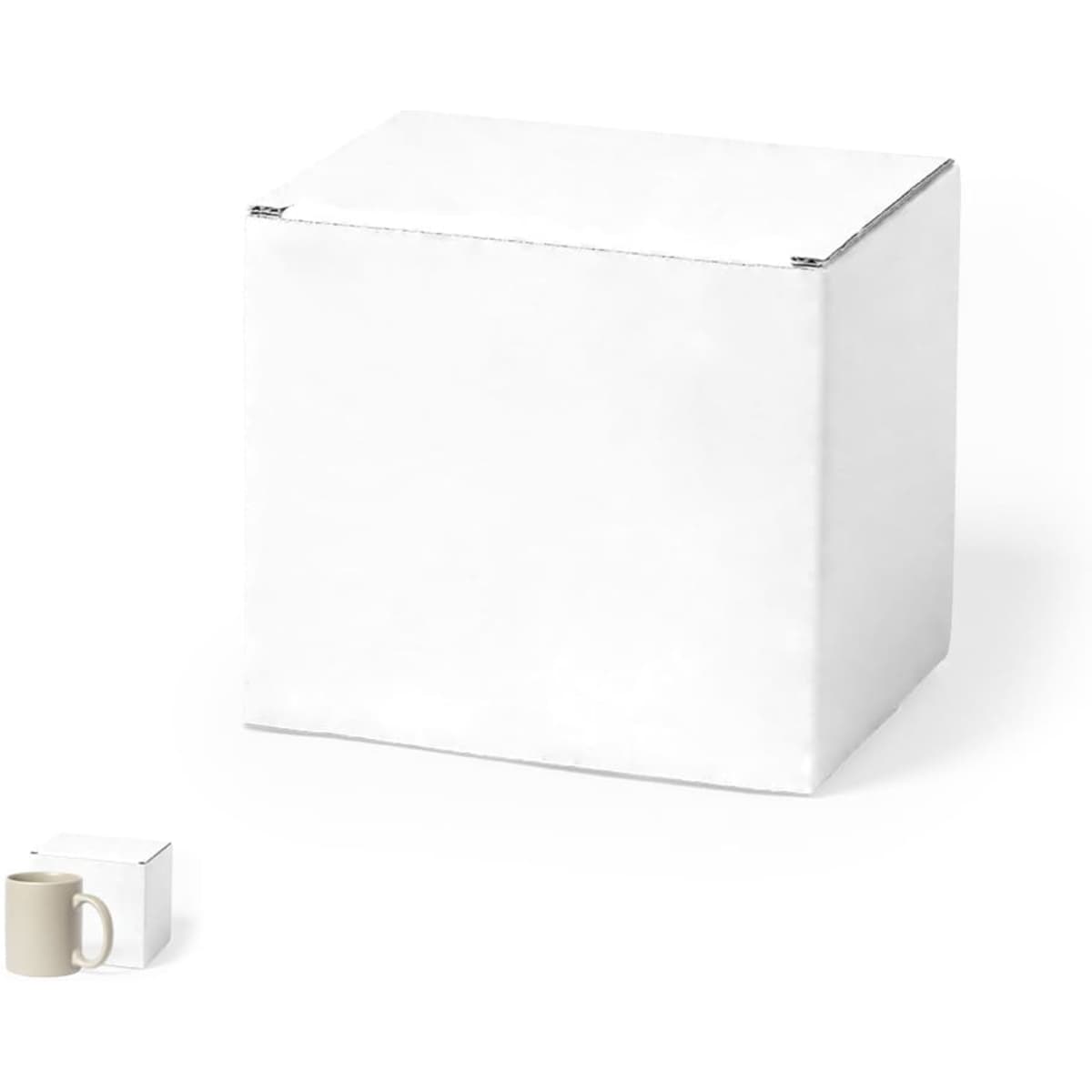 A white gift box containing a beige mug, ideal for packaging. The box is plain and features a logo.